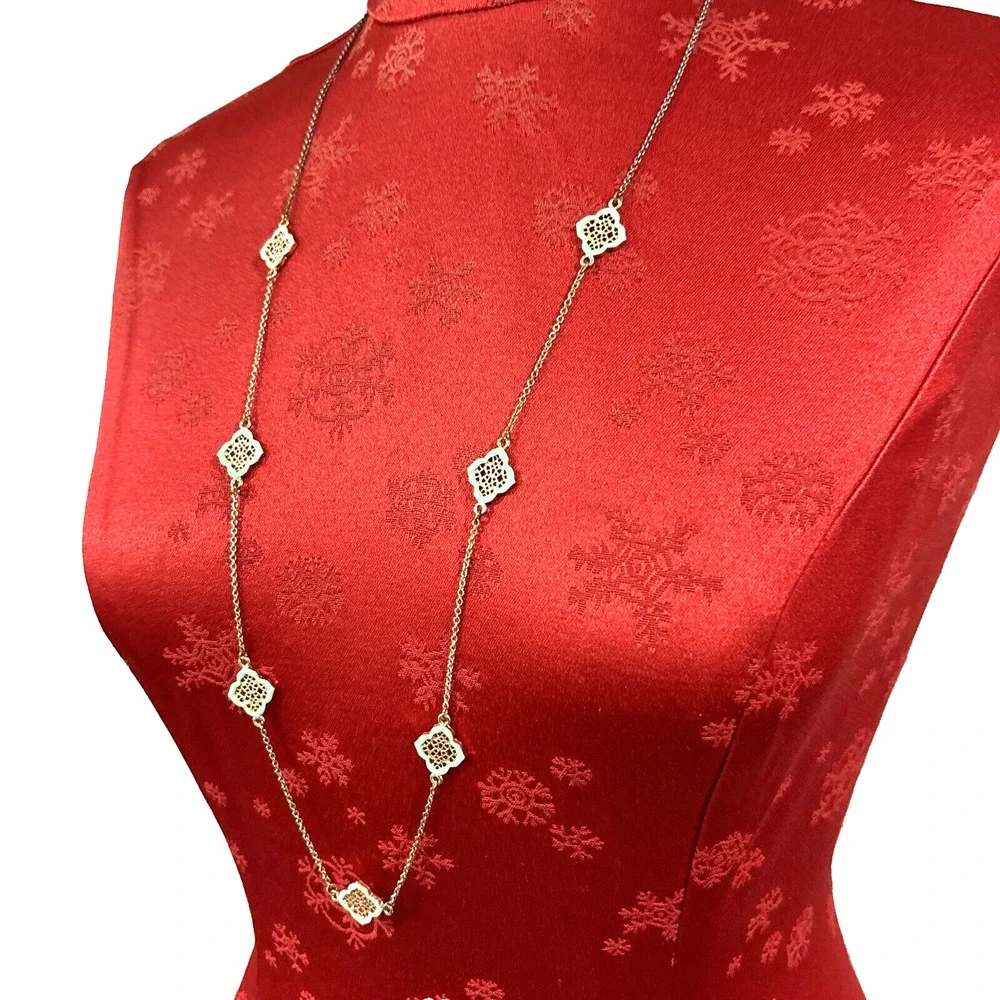 Fine Gold Station Chain Necklace w/ Mint Green Sections Single Strand Fashion